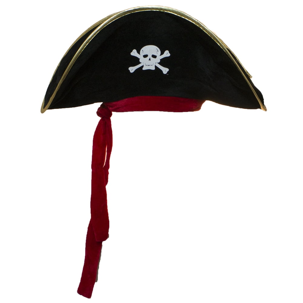 Soft Velvet Pirate Hat With Shiny Gold Trim & Red Ribbon