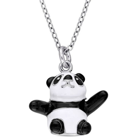 Cutie Pie Sterling Silver Kids' Panda Pendant with Black and White Enamel, 14 with 2 Extension