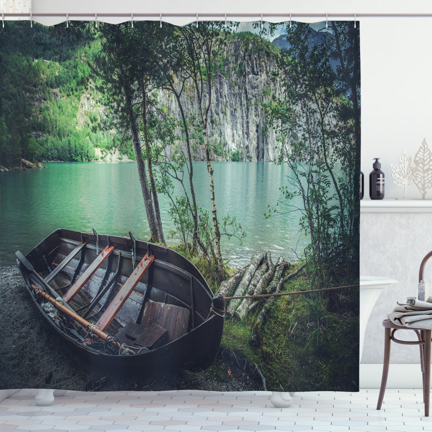 Fishing Theme Shower Curtain, Natural View with Forest and Wooden Boat