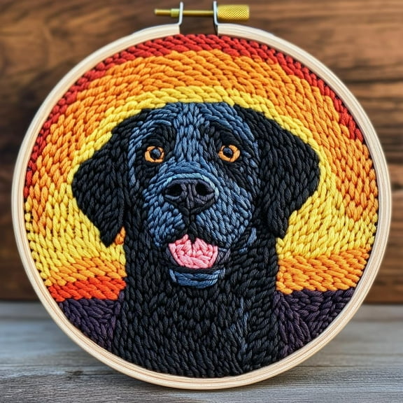 DIY Punch Needle Kits for Beginners Cute Black Labrador Retriever Dog with Hoop Embroidery Punch Needle Starter Craft Set Easy for Adults and Children Festival Gift and Decoration 20x20cm-1