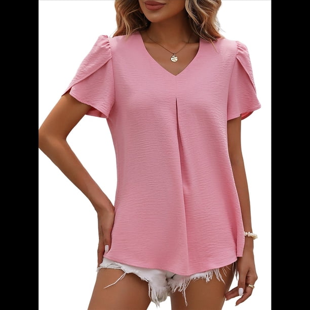 Blusas Elegantes de para Mujer, de Verano, con Pétalos Abullonados, Mangas , Cuello en V, Blusas Informales de Trabajo Rosa M
