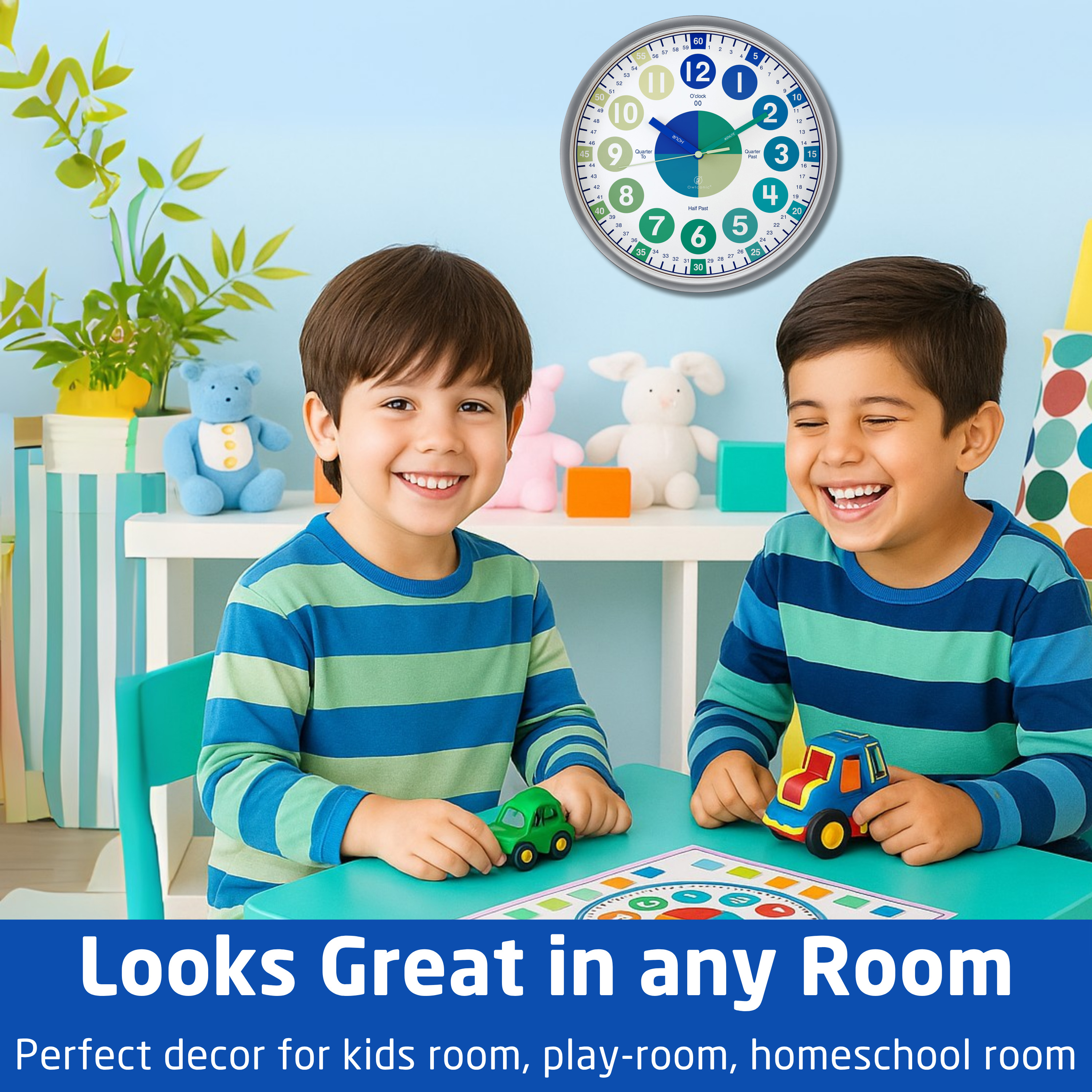 Owlconic® Kids Learning Wall Clock, Silent Analog Teaching Clock, 10 Inch, Blue Green