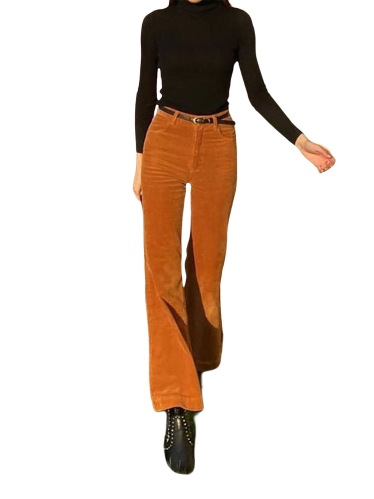 Domple Womens Slim Casual Solid Color High Rise Corduroy Bell Bottom Flared Pants