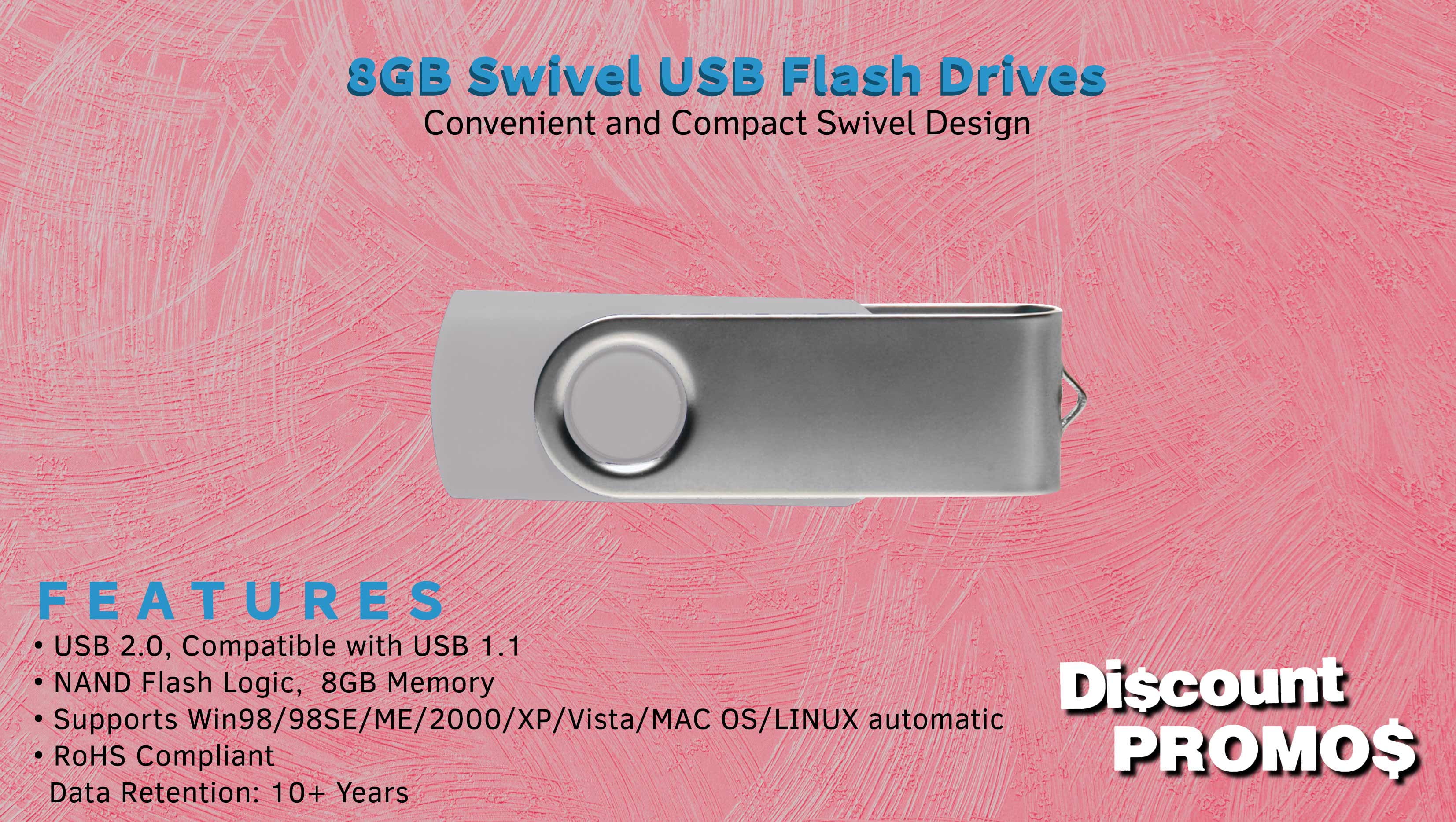 6 Swivel USB Flash Drives Pack, 8GB - Pocket size, Long Data Retention - Silver