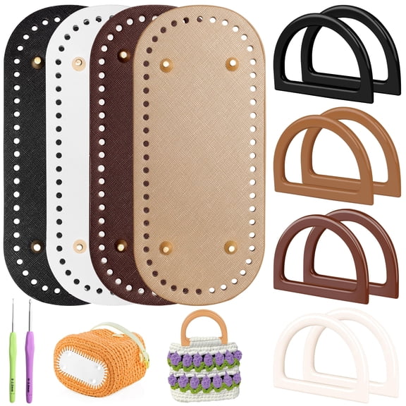 Style-Carry Bag Bases for Crochet with D Shape Purse Handles for Bag Making, 2 Pcs Crochet Hooks, 4 Colors Leather Purse Bottoms for Crocheting DIY