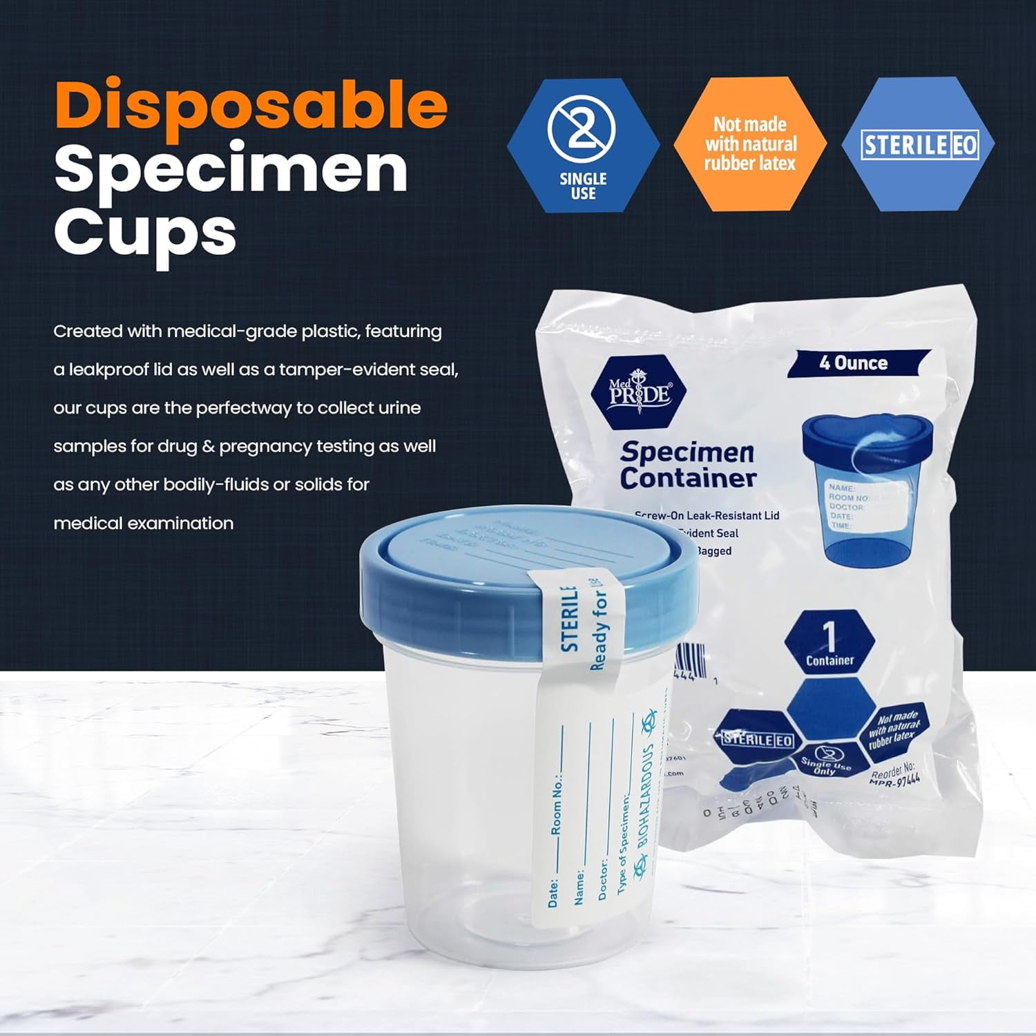 Med Pride Sterile 4 oz Disposable Plastic Specimen Cups with Leakproof Lids, 10 Count for Urine Sample Collection