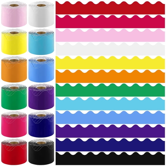 Elcoho 12 Rolls 787.4 feet Scalloped Bulletin Board Borders Trim, Multicolor, Back to School Classroom Teachers Office Home diy Poster