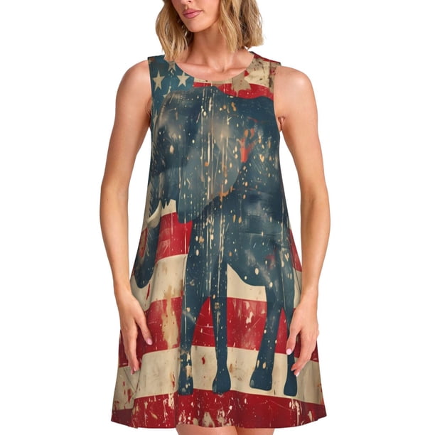 Balery Vintage American Flag Elephant Vestidos de verano para mujer con estampado: vestido holgado sin mangas, vestido playero informal y cómodo para días calurosos.