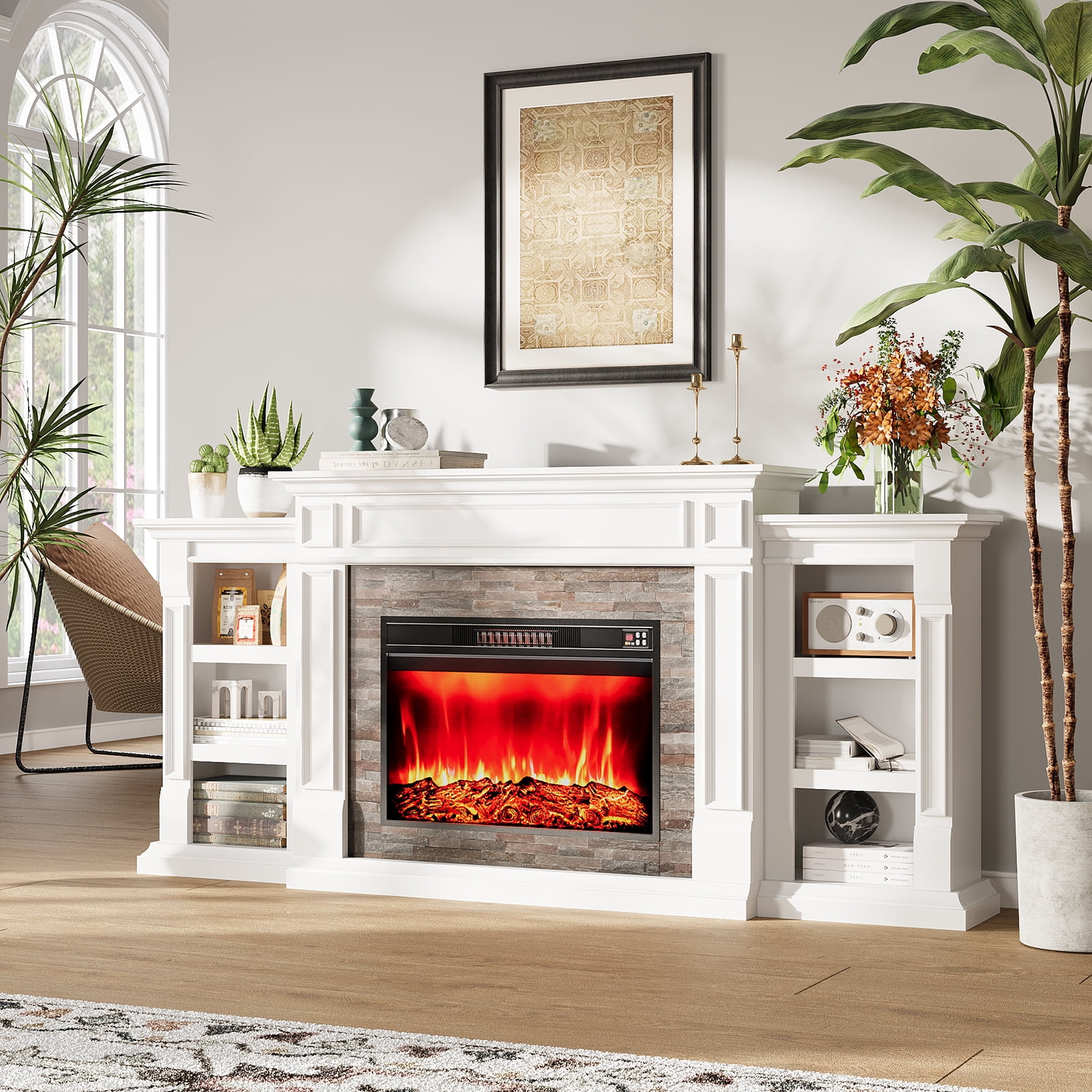 80" Fireplace Mantel with 30" Electric Fireplace and Bookshelves, Wooden Storage Freestanding Heater with Remote Control,White