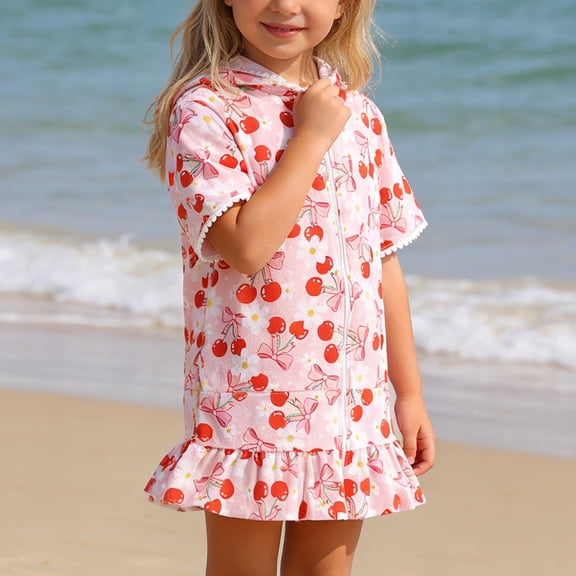 HOWPAY Girls Swimsuit Cover up Short Sleeve Checkered Bow Zipper Hooded Sport Causal Swimwear Beach Summer Pool Bathing Suit Coverup Red