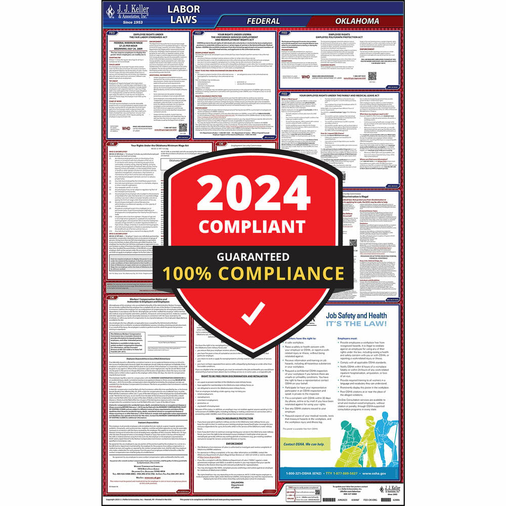 2024 Oklahoma Labor Law Poster, All-in-One Compliant OK State & Federal Laminated Poster (24" x 40" English)