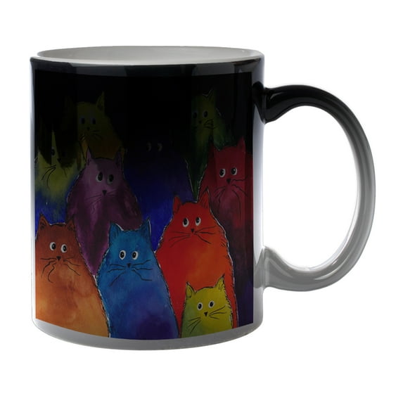 KuzmarK Black Heat Morph Color Changing Coffee Cup Mug 11 Ounce - Very Colorful Two-Toned Silly Maine Coon Kitties Black Background Art by Denise Every