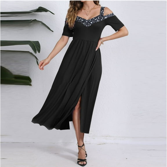 TMOYZQ Women's Dresses Short Sleeve Slit Maxi Long Dresses Deep V Neck Cold Shoulder Dresses Cocktail Evening Party Swing Homecoming Dresses