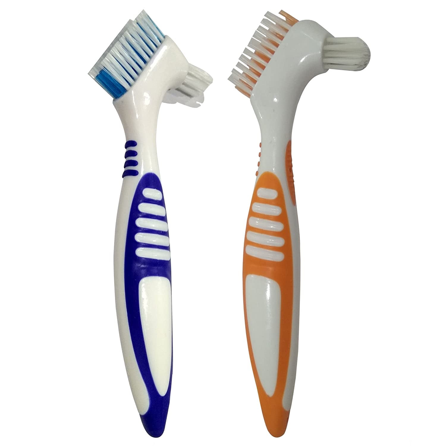 2-Pack Denture Cleaning Brush Set- Premium Hygiene Denture Cleaner Set for Denture Care- Top Denture Cleanser Tool w/ Multi-Layered Bristles & Ergonomic Rubber Handle - Blue and Orange