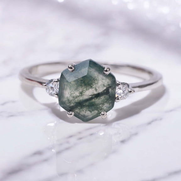 Natural Hexagon Moss agate Ring For women 925 Sterling Silver Green gemstone Ring Healing Crystal gemstone Ring Anniversary gift for Wife