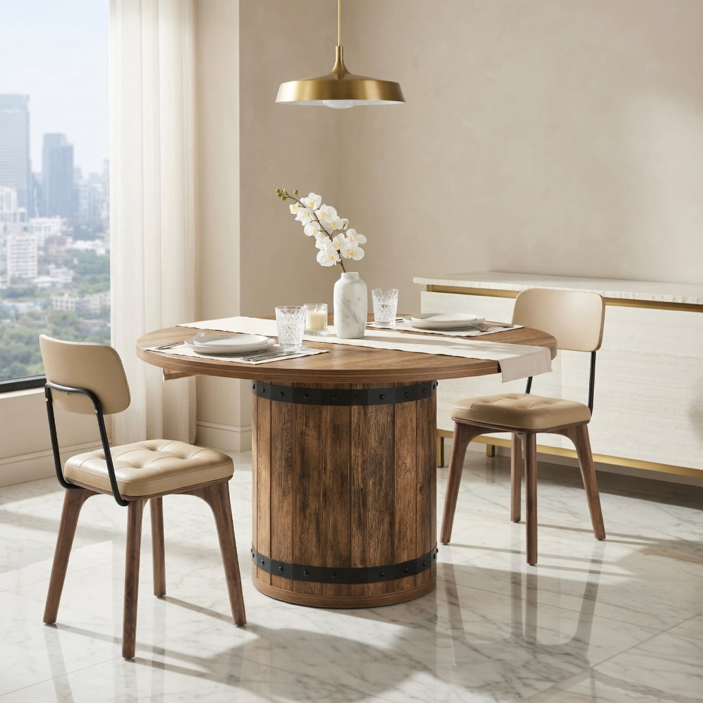 Hommoo 39.37 in Round Dining Table for 4, Farmhouse Kitchen Table with Fence Pedestal Base, MDF Construction, Easy Assembly, Rustic Brown