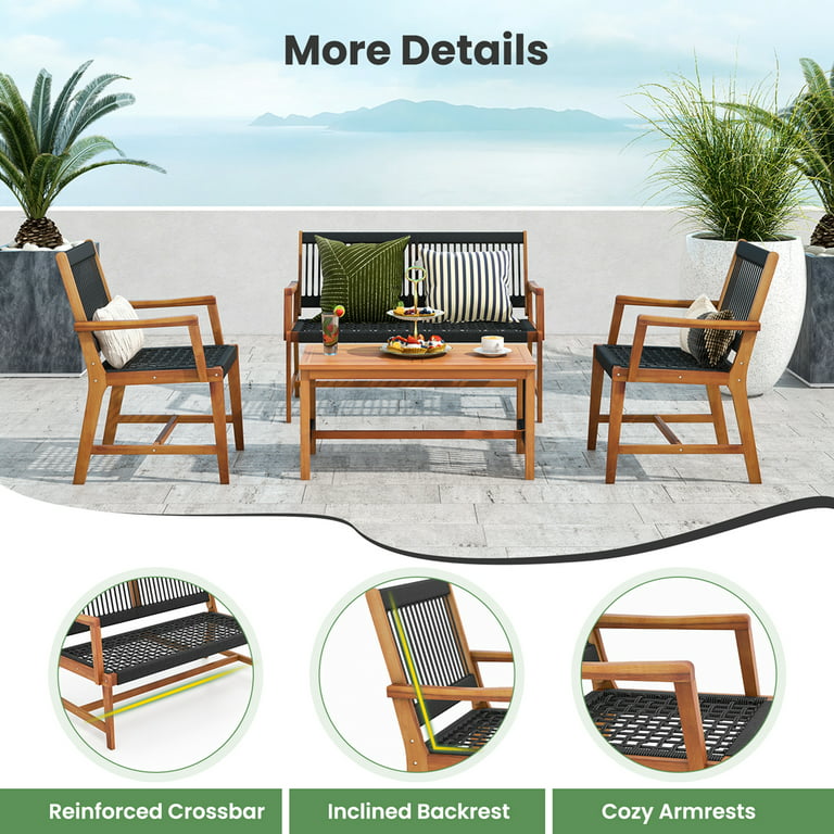 Costway Patio 4pcs Acacia Wood Conversation Table & Chair Set Hand-Woven  Rope Outdoor
