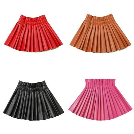 

2-14T Little Girls Solid Leather Skirts Toddler Kids PU Leather Pleated Skirts