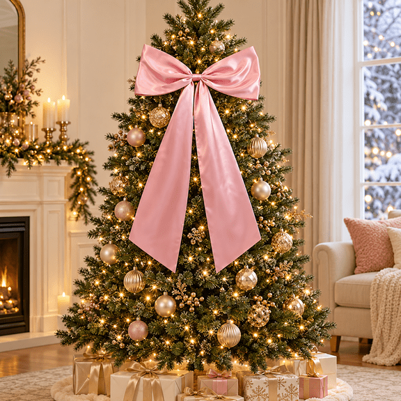 42 in Christmas Large Wreath Bow, Fabric Bow with Long Hanging Tails for Tree, Door, Wall and Gift Box Decor, Pink
