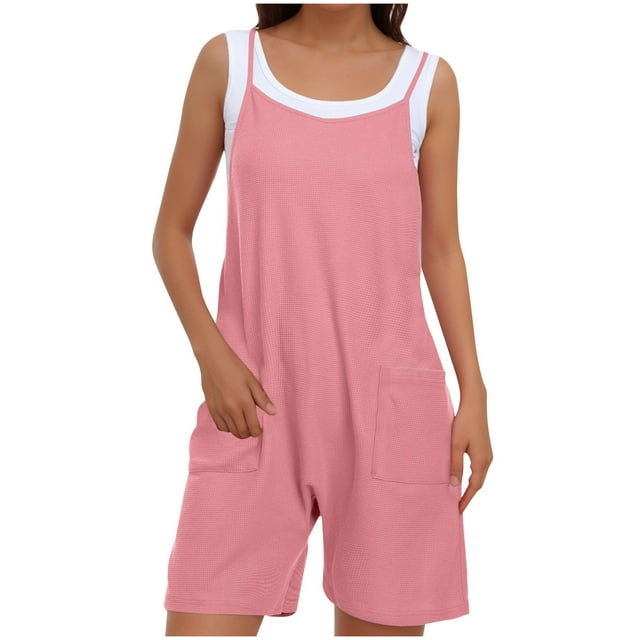 Yanlir 2025 Spring Summer Overalls for Women's Loose Fit Adjustable Straps Bib Jumpsuits Square Neck Wide Leg Solid Color Overalls with Pockets(Pink#2,M)