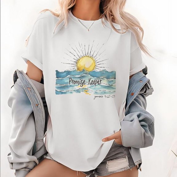 Christian Beach Print T-shirts - "God's Promises" Inspirational Seashore Graphic Tees Worship Pattern Tops for Ocean Devotion & Reflection(S-5XL)