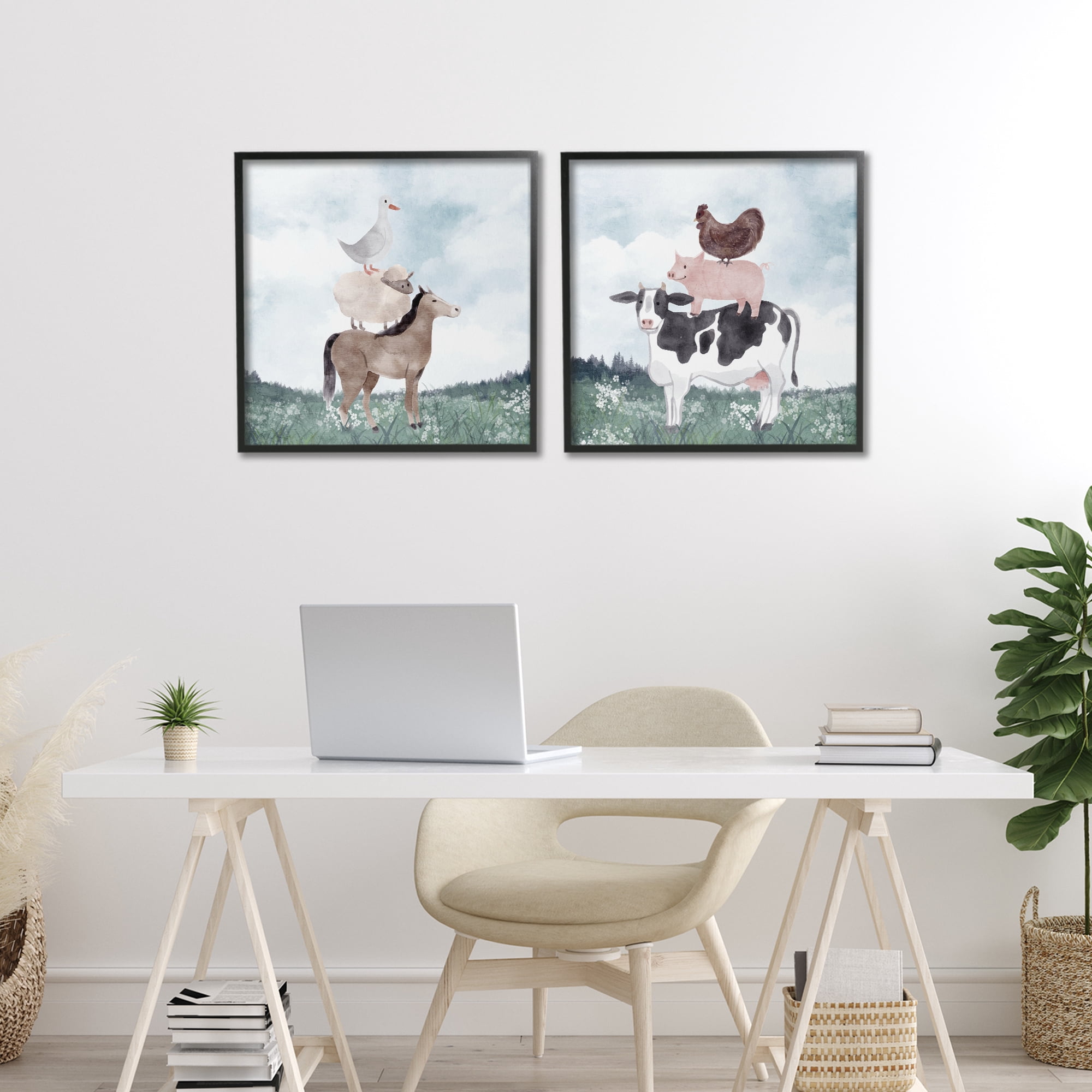 Stupell Industries Stacked Animals Blue Sky Farm 2 Piece Black Framed Giclee Art Set, design by Kim Allen