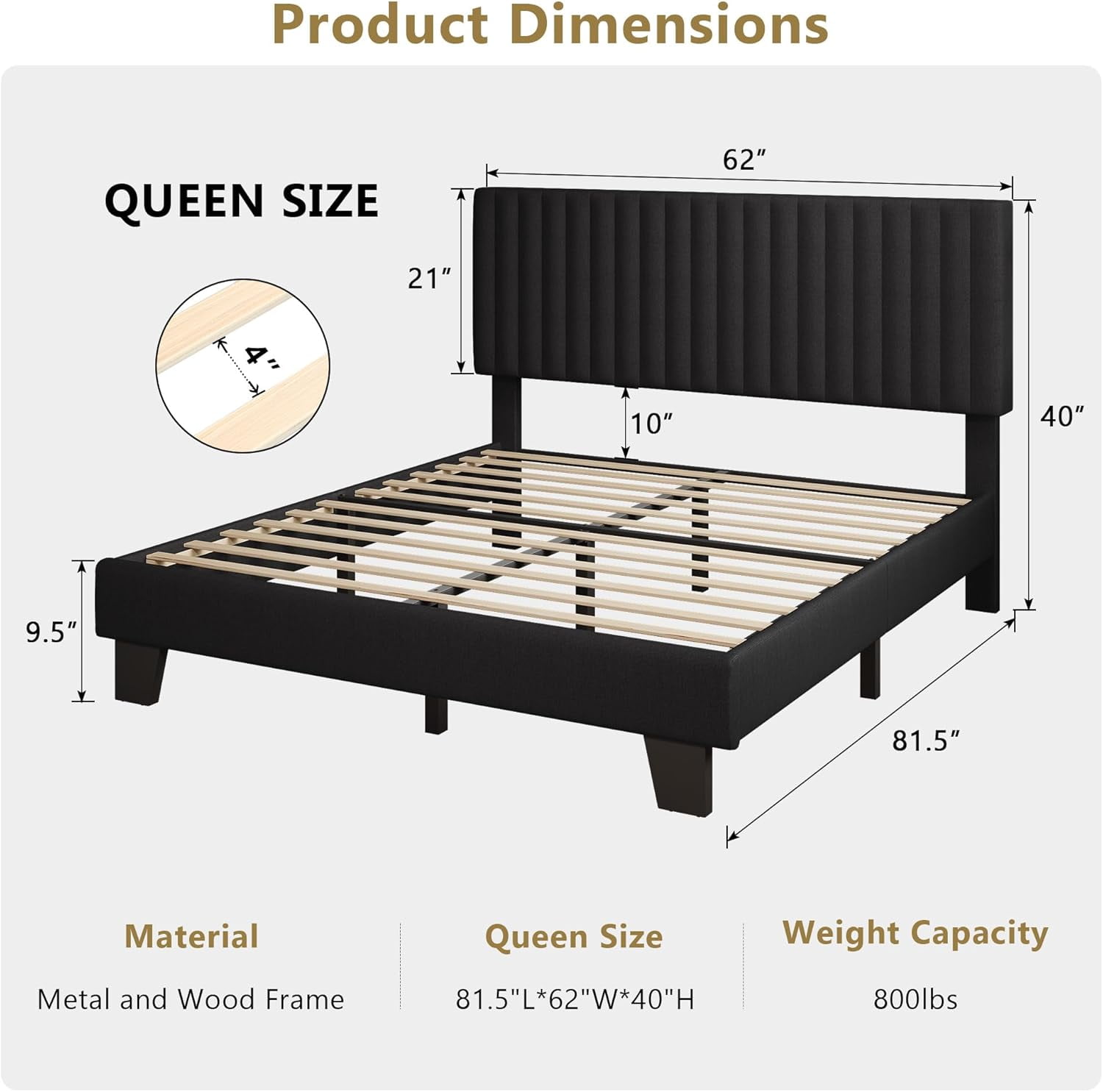 Honfach Queen Size Bed Frame, Upholstered Platform Bed with Velvet Headboard, Wide Bed Legs and Strong Wood Slats Support,Black