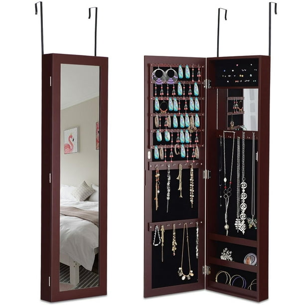 Giantex Wall Door Mounted Mirrored Jewelry Cabinet Jewelry Armoire Storage Organizer with Full Length Mirror Jewelry Cabinets Brown