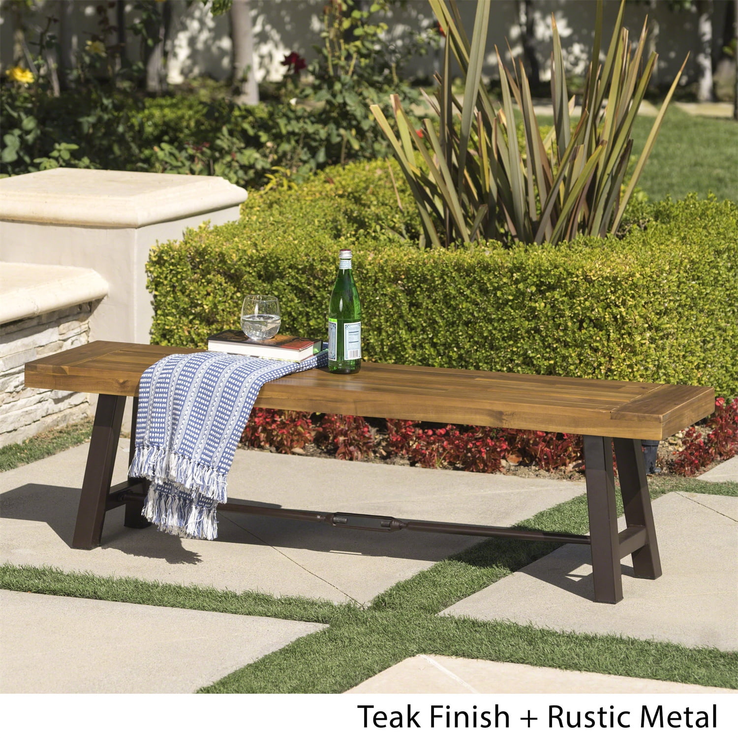 Kepooman Outdoor Acacia Wood Dining Bench, Patio Wooden Picnic Bench for Garden, Porch, Yard - Rustic Metal Kepooman Outdoor Acacia Wood Dining Bench, Patio Wooden Picnic Bench for Garden, Porch, Yard - Rustic Metal