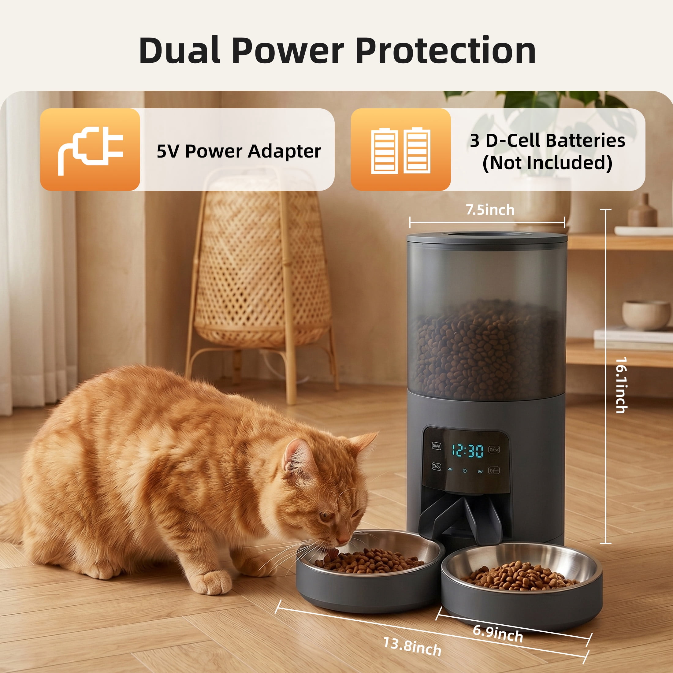 EDX 6L Automatic Cat Feeder for 2 Cats, Timed Cat Food Dispenser with 2 Stainless Steel Bowls, 10s Voice Recorder & Dual Power, Pet Feeder for Cats & Dogs, Black