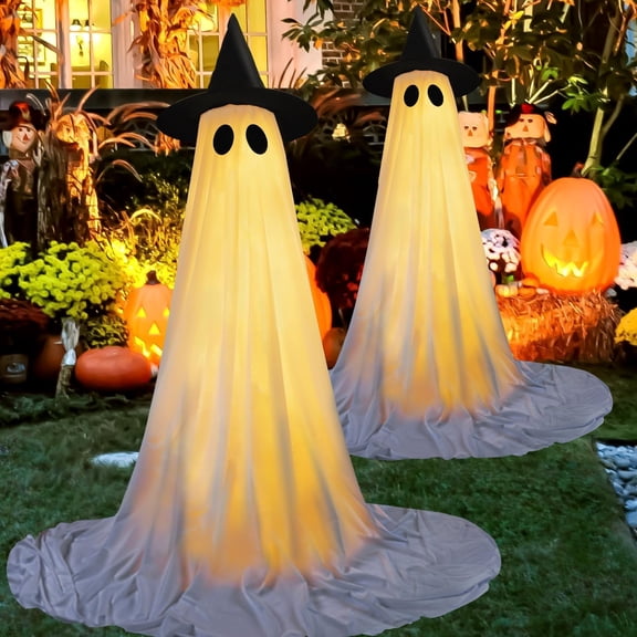 Halloween Decorations Ghost Outdoor Light Up Ghost Kit 2Packs, Halloween Decor with String Lights, Spooky Halloweens Ghosts Decorations Outside with Witch Hat for Lawn Yards Front Porches