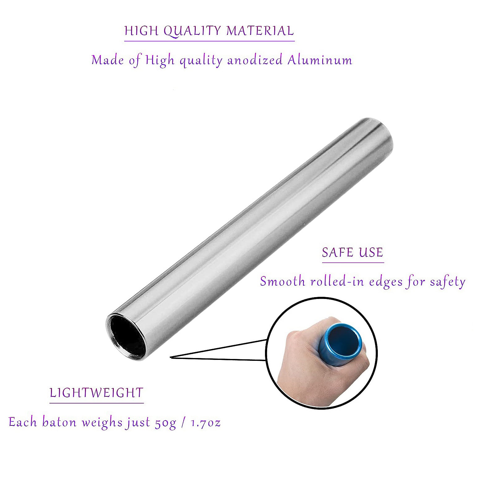 New Lightweight Anodized Aluminum Relay Baton for Track and Field Silver 