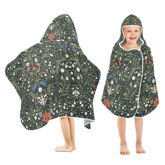 Yayeee Kids Hooded Towel with Hand Pockets Beach Soft Absorbent Bath Wrap 50 x 23.5 inch, Green Flowers Pattern