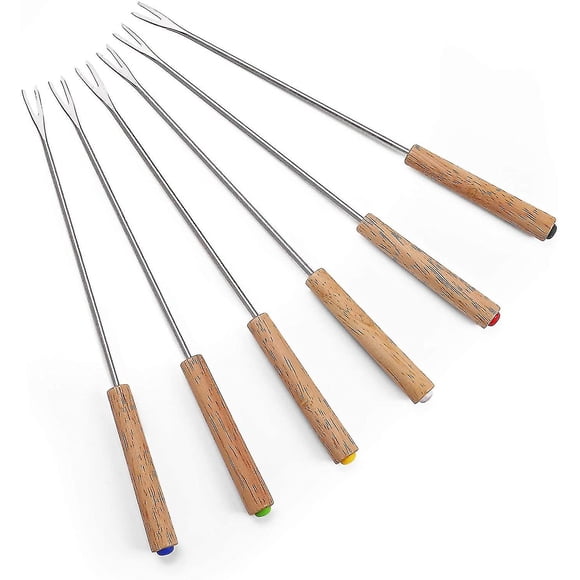 Yaju Fondue Forks Wood Handle Heat Resistant 9.5" - Oak Handle Swiss Cheese Fondue Forksset Of 6