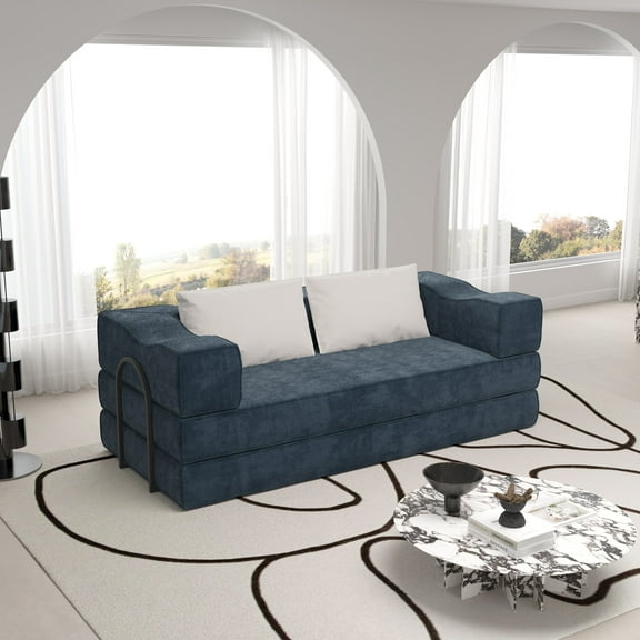 Modern Sofas 80" Convertible Couch Bed with 2 Pillows, 3-Seat Folding Floor Couch & King Size Bed Mattress, DIY Combination,Chenille,Blue,Rustic Sofas