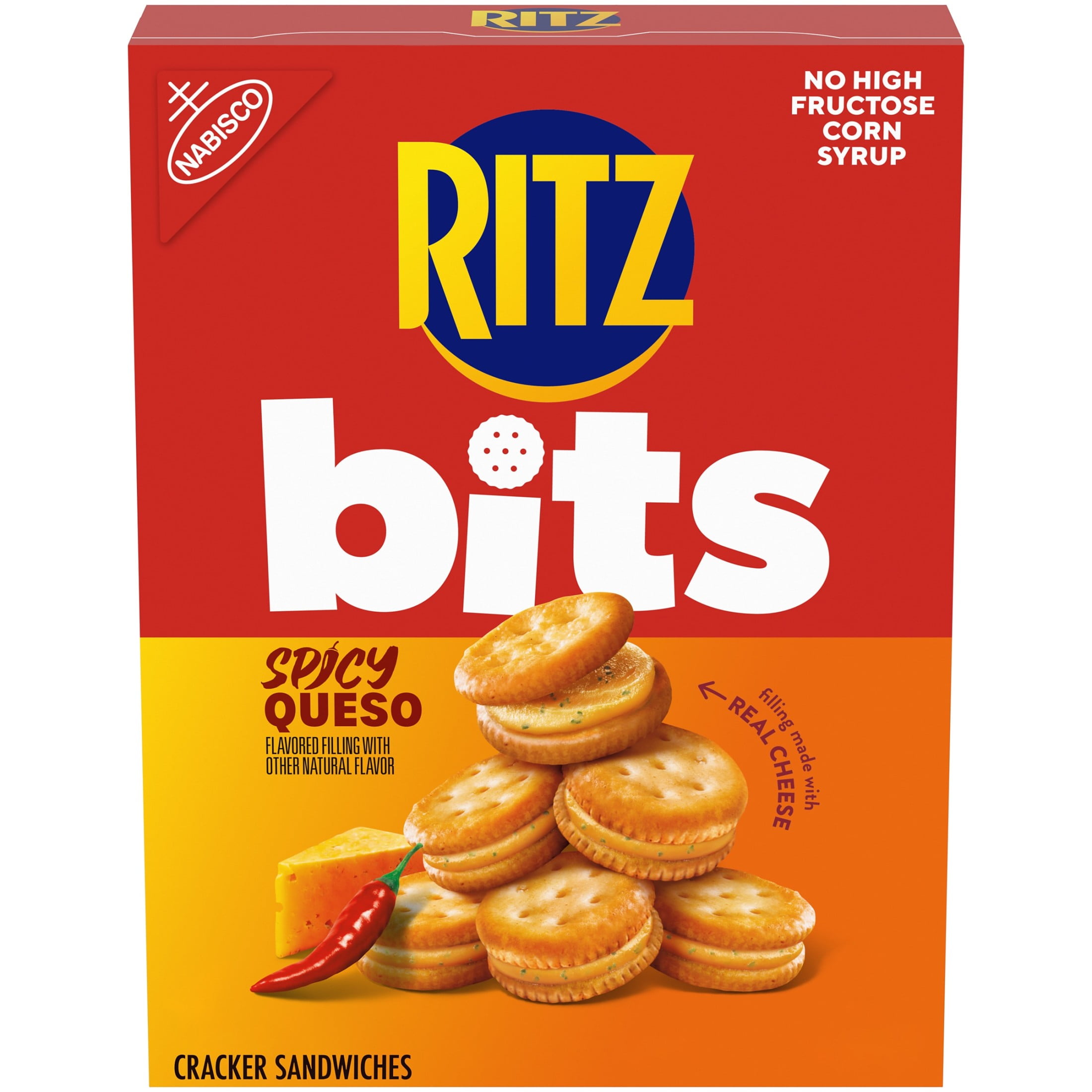 (3 pack) RITZ Bits Spicy Queso Cheese Sandwich Crackers, Snacks for Kids and Adults, Lunch Snacks, 8.8 oz