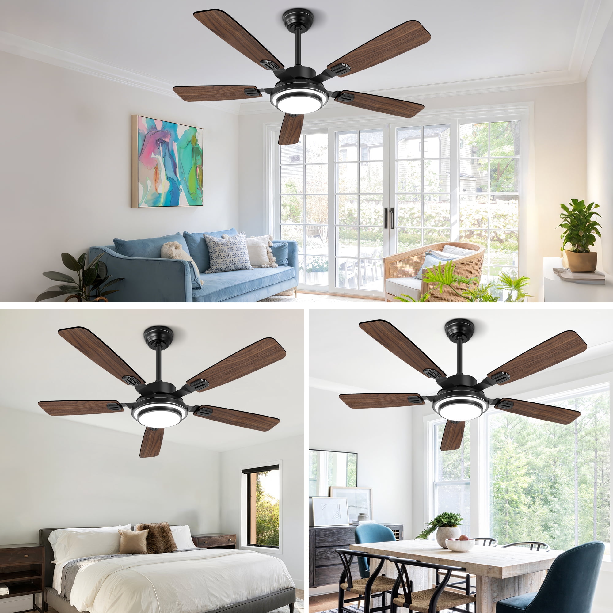 OUTON 52" Ceiling Fans with Light Remote Control, Flush Mount, 5 Blades,Reverse DC Motor Quiet Ceiling Fans, Dimmable Modern Ceiling Fan for  Living Room, Bedroom,Walnut