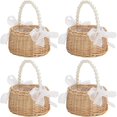 thumbnail image 1 of wonima44 4 Pcs Flower Girl Basket, Small Wicker Rattan Basket with Pearl Handle Ribbon Bow Plastic Liner, Wedding Flower Basket Decorative Basket Gift Basket for Wedding, Picnic Basket, Home Decor, 1 of 1