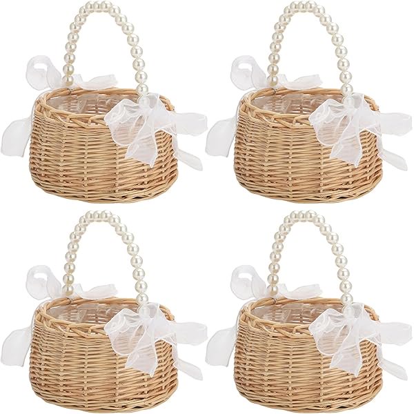 wonima44 4 Pcs Flower Girl Basket, Small Wicker Rattan Basket with Pearl Handle Ribbon Bow Plastic Liner, Wedding Flower Basket Decorative Basket Gift Basket for Wedding, Picnic Basket, Home Decor