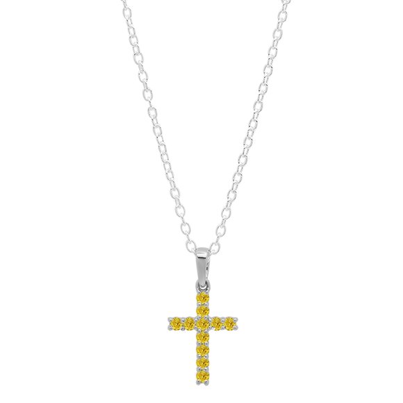 Dazzlingrock Collection Round Yellow Diamond Divine Cross of Jesus Pendant for Women with 18 Inch Gold Chain (0.15 ctw, Color Yellow, Clarity I2-I3) in 18K White Gold
