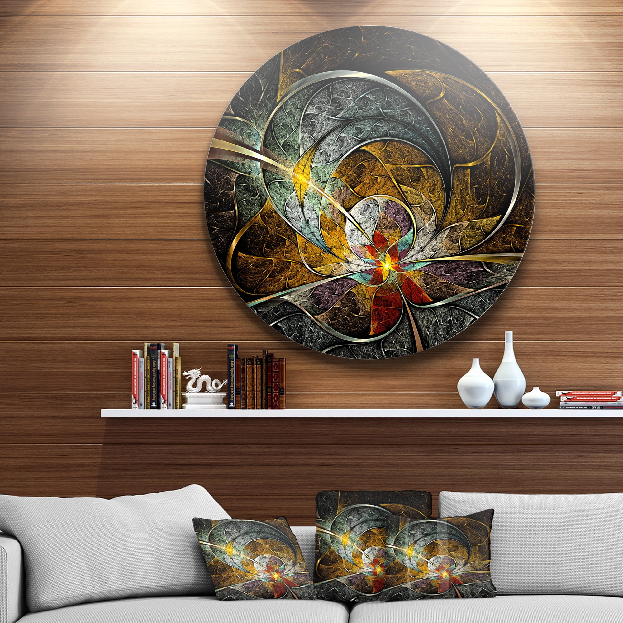 Designart 'Symmetrical Yellow Digital Art Flower' Disc Floral Circle Metal Wall Art