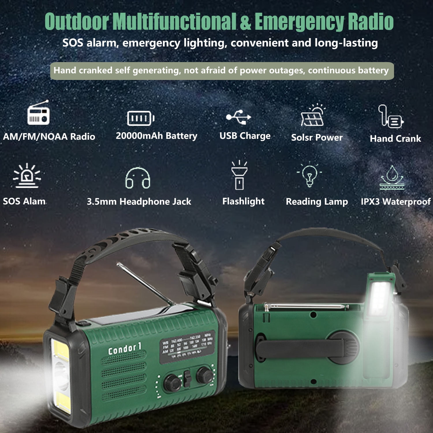 Solar Hand Crank Emergency Radio, 20000mAh NOAA/AM/FM Weather Alert Radio with USB Charger, LED Reading Light, Flashlight & SOS Function