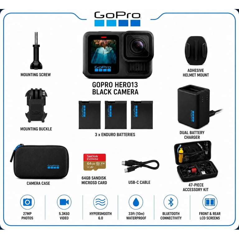 GoPro, HERO13 Black, Extended Power Bundle, 5.3K, 64GB microSD