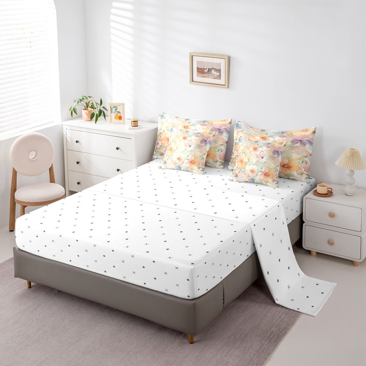 Homewish Spring Flower 7-Piece Twin Bedding Sets,Oil Painting Aesthetic Bedding Comforter Set,Beige Pink Sheet Sets For Girl Kids,Breathable Home Decor Reversible