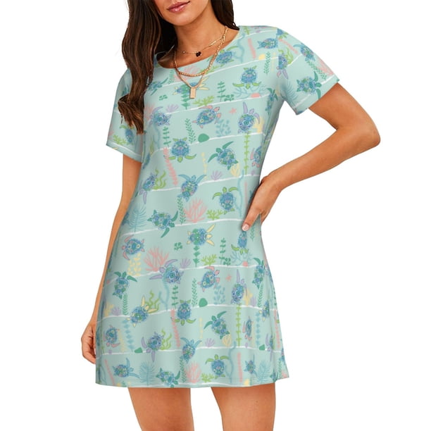 Fotbe Sea Turtle Bata de Dormir para Mujer con Estampado, Camisón de Algodón de Manga Corta, Ropa de Dormir Casual
