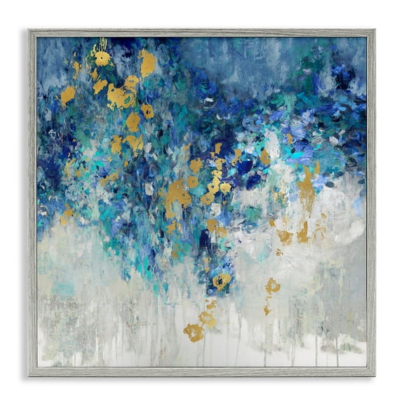 Stupell Industries Abstract Blue Gold Paint Design Abstract Painting Gray Framed Art Print Wall Art, 17 x 17