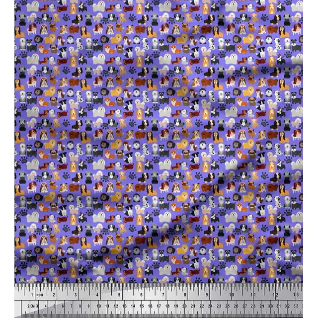 Soimoi Modal Satin Fabric Paw & Puppies Cartoon Print Fabric by The Yard 42 Inch Wide
