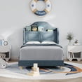 thumbnail image 4 of Bingirl Blue Twin-Size Bed Frame: Built-in LED Lights, Velvet Upholstered Platform Bed with Wing Back, No Box Spring Needed, Noise-Free & Easy Assembly, 4 of 8