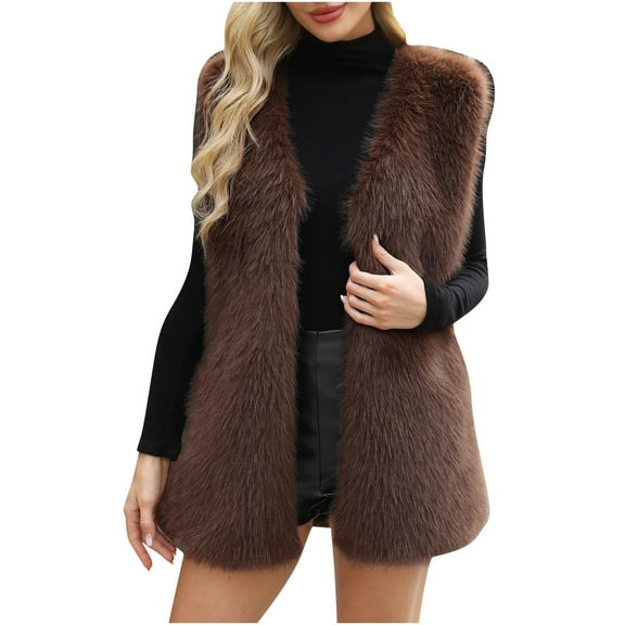 wdsxpo Winter Jackets for Women Faux Fur Casual Open Front Long Vest Coat Trendy Fluffy Warm Shaggy Furry Sleeveless Jackets