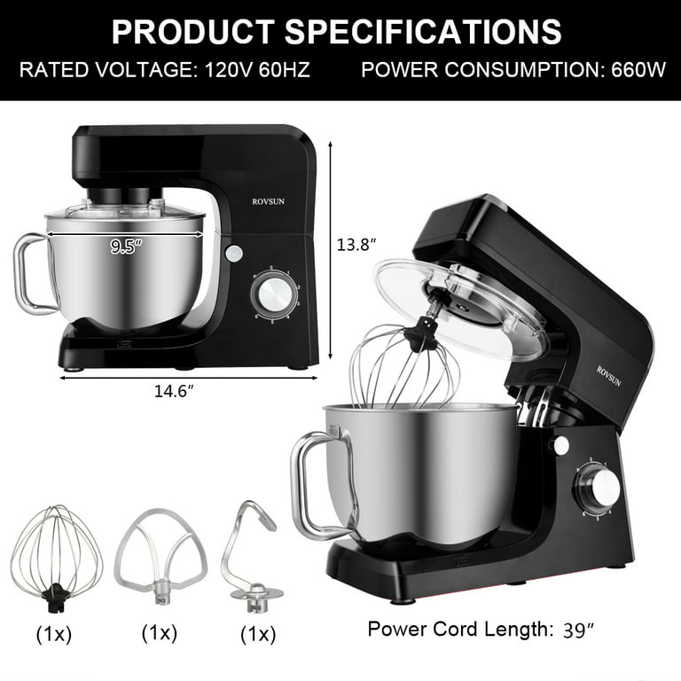 Hi Tek 7.4-qt Electric Stand Mixer, 1 Tilt-Head Kitchen Mixer with Stand - Includes Dough Hook, Whisk, & Beater, 110V/60Hz, White Aluminum Stand